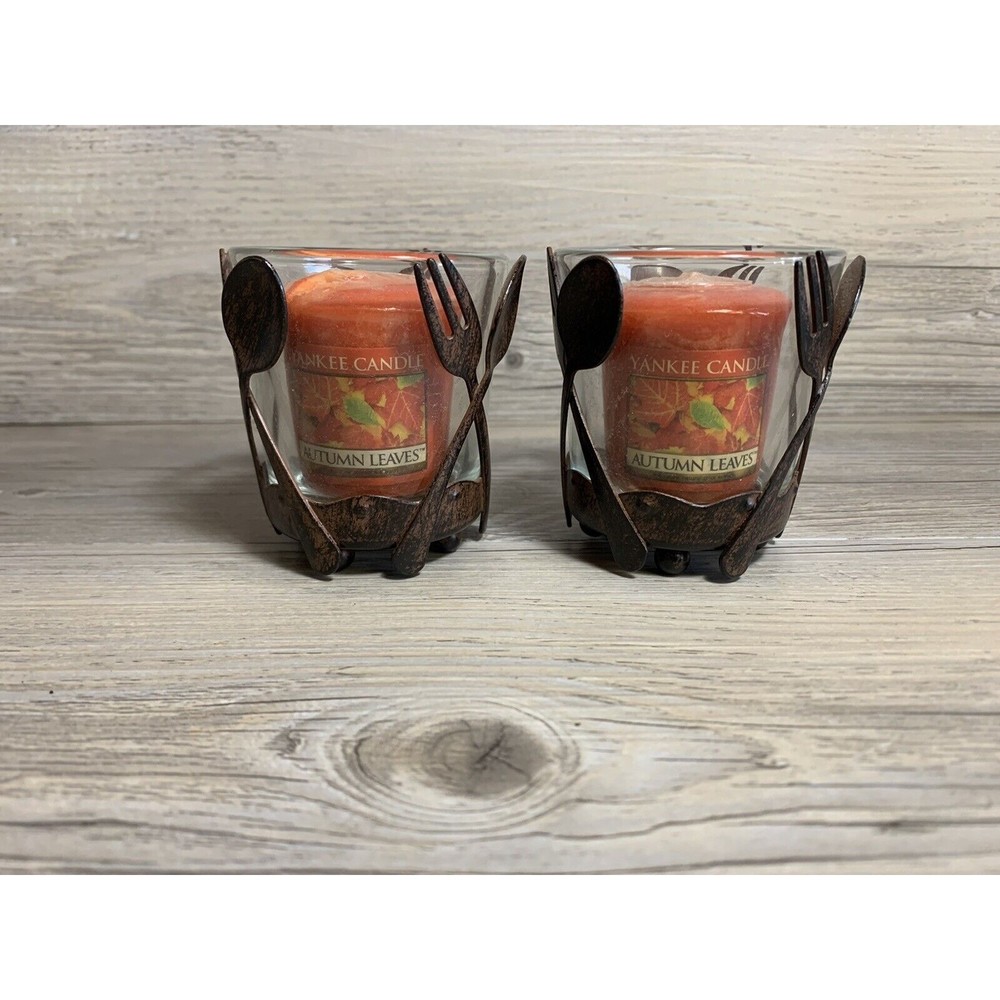 Yankee Candle FORK and SPOON Votive Holders Rustic Wood Look New W Candle